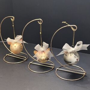 Vintage Set Of 3 Glass Ornaments Mid-century Modern Cat Faces.